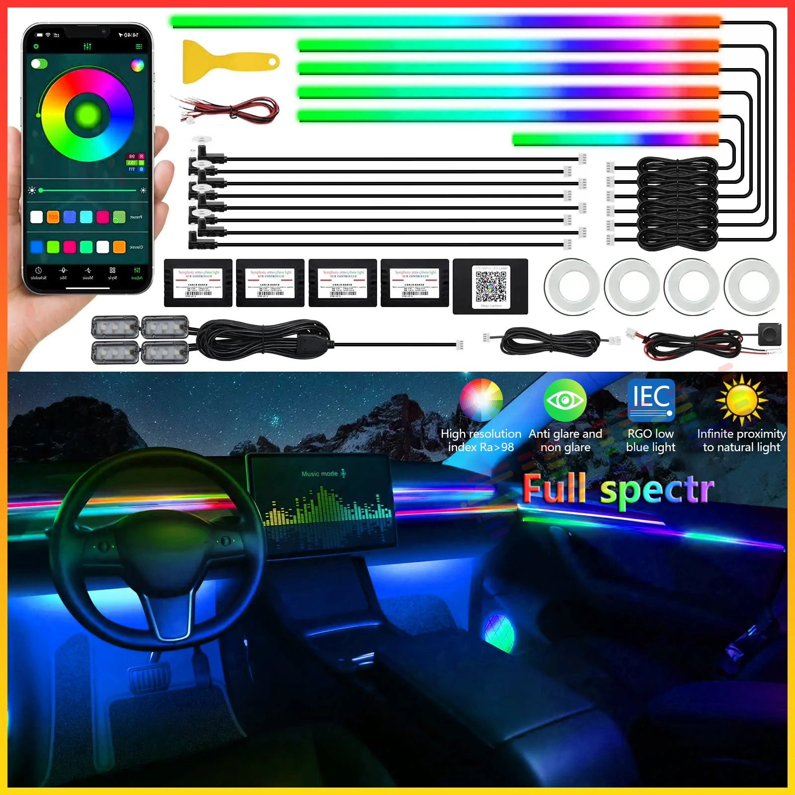 22 In 1 Neon Full Streamer Car Ambient Lights RGB 64 Colors LED Interior Hidden Acrylic Strip Toyota Symphony Atmosphere Lamp