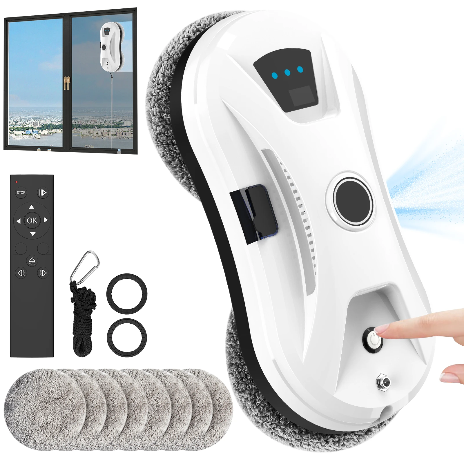 5600pa Robot de nettoyage de vitres à aspiration puissante télécommande électrique automatique Robot de nettoyage de vitres à pulvérisation d'eau avec 10 pièces