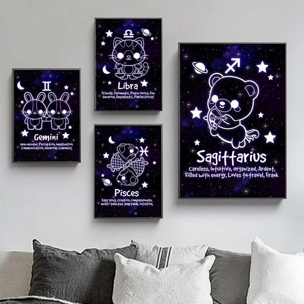 Zodiac Poster Astrology Wall Art Canvas Painting Prints Cartoon Gemini Aries Libra Virgo Constellation Picture Home Room Decor