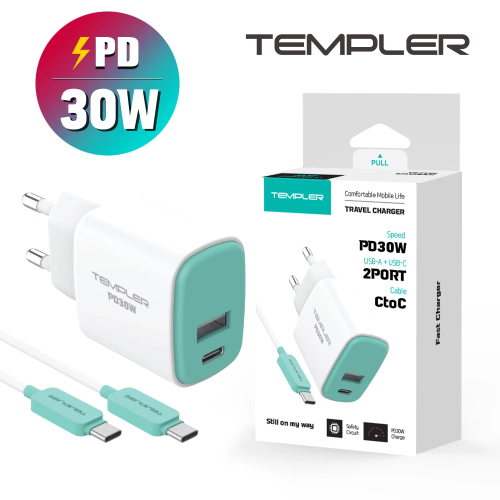 Templer PD30W 2 Port home charger with CtoC cable mobile phone smart phone fast charger C type fast fast KC Certified Insurance in Korea