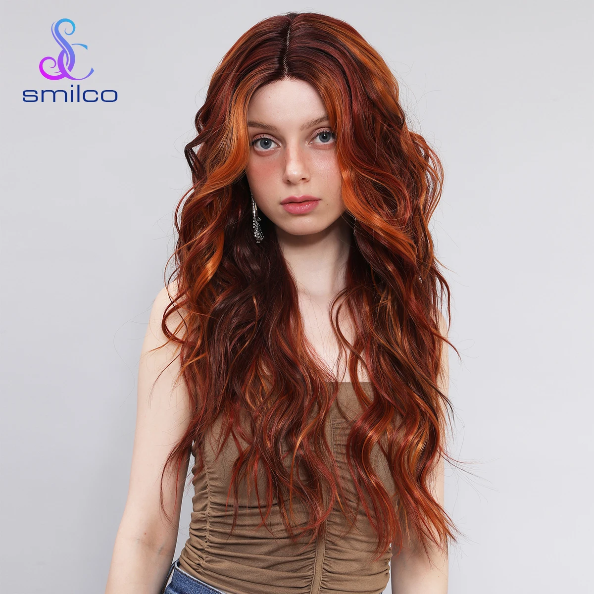 Smilco Women Wig 28'' Long Wave Curls Synthetic Lace Front Middle Part Costume Party Daily Hair Wigs