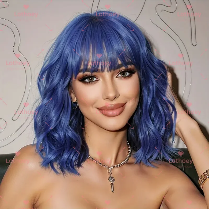 Peluca ondulada con flequillo azul, brillo natural, cómoda, transpirable, ligera, animada, cosplay, festival de música, peluca de cabello humano