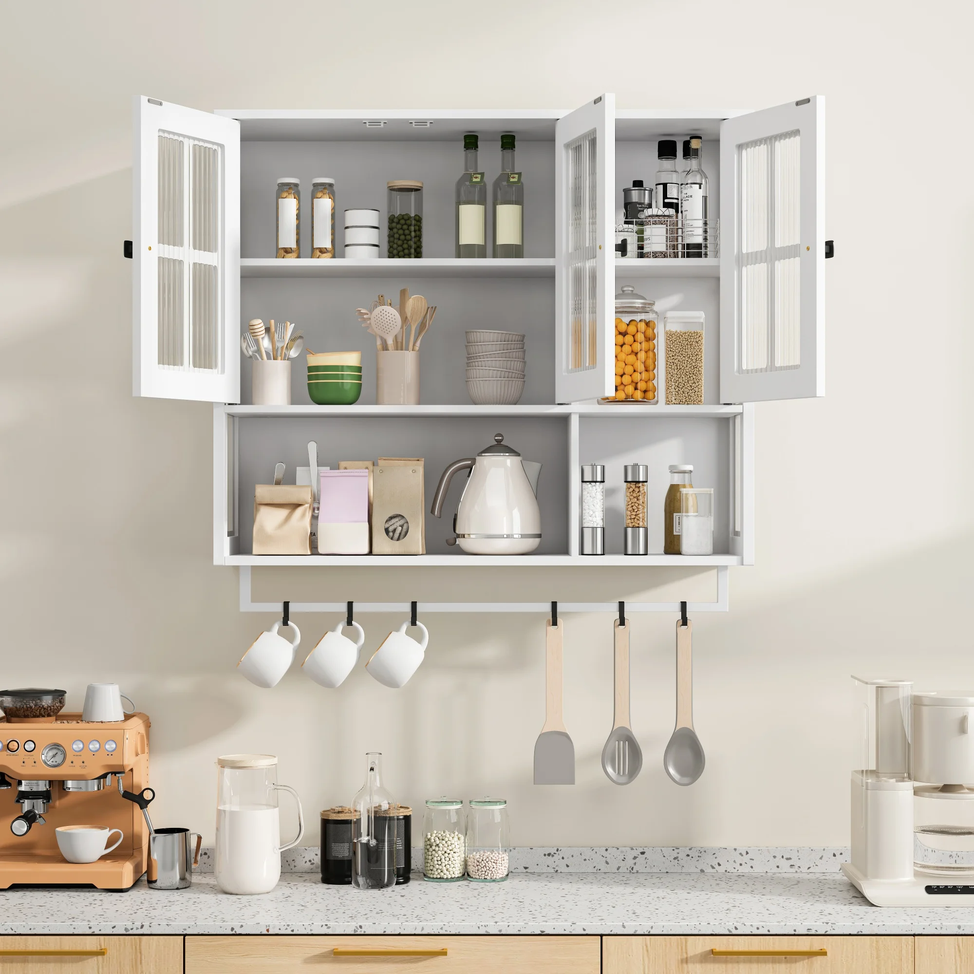 Armoire murale - Armoire murale de salle de bain avec 3 portes, étagères ouvertes et porte-serviettes intégré, MDF et verre, blanc, 88x26x77,5 cm