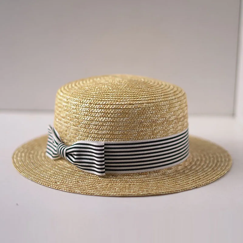 Wide Brim Boater Hats Flat Top Sun Hat Stripe Ribbon Bow Summer Fedoras Hats Ladies Derby Hat Stage Performance Beach Party Hat