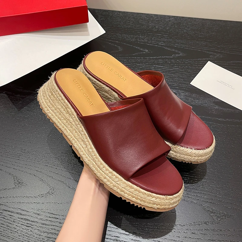 New Trend Women Sandals Wedge Heels Shoes Cowhide Summer Sandals Peep Toe Casual Slippers Beach Shoes