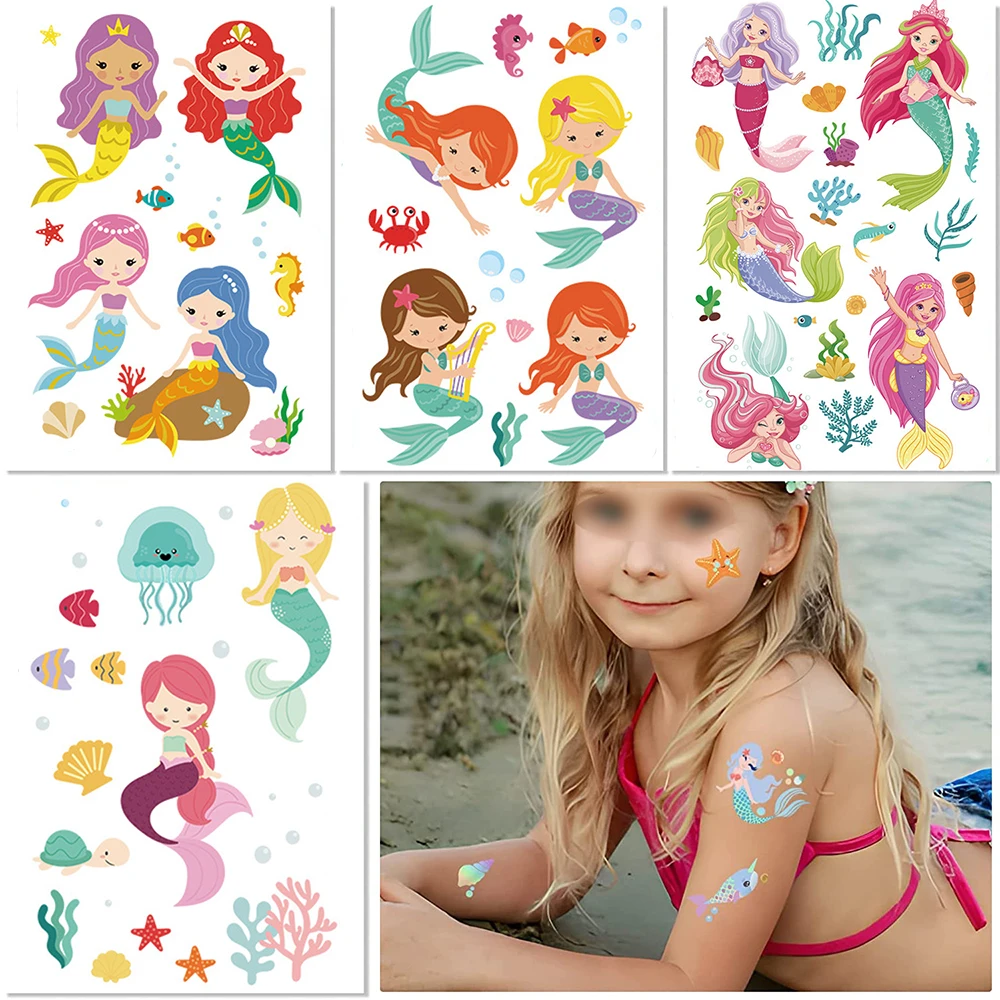 Little Mermaid Party Necklace Ring Bracelet Temporary Tatoo Stickers Keychain Kids Girls Birthday Goodie Favors Decoration Gifts