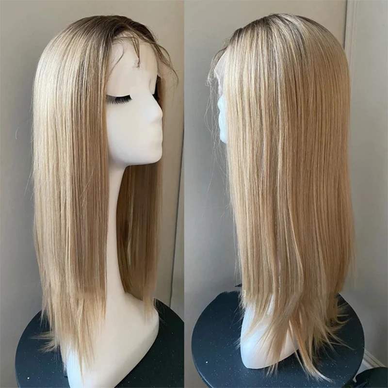 100% Heat-resistant Fibre 24’‘ Lace Front Ombre Blonde Straight Synthetic Wig Natural Realistic Look For Women Girls Cosplay