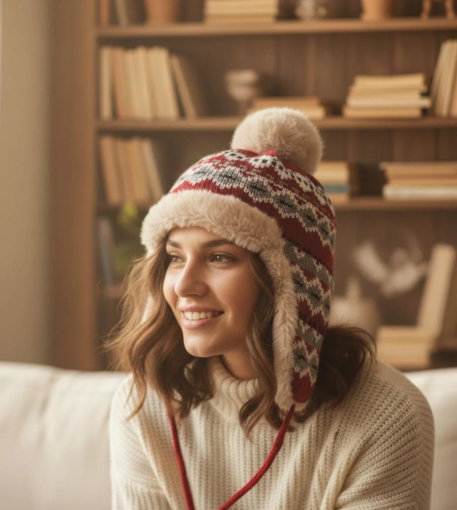 Nordic Knit Trapper Hat with Faux Fur Earflaps Pilot hat winter thicken fur hat Lei Feng hat 방한모자 шапка ушанка