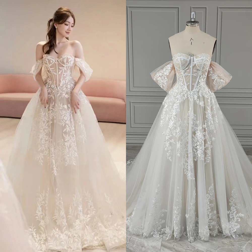 

2354# 100% Real Photos Exquisite Off Shoulder Appliques Lace A-line Sweep Train Wedding Dress Bridal Gown For Women Custom Made