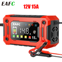 EAFC 12V 15A 8A Car Battery Charger Large Screen Pluse Repair Charger for Auto Moto SUV Lithium AGM Lead acid GEL LCD Display