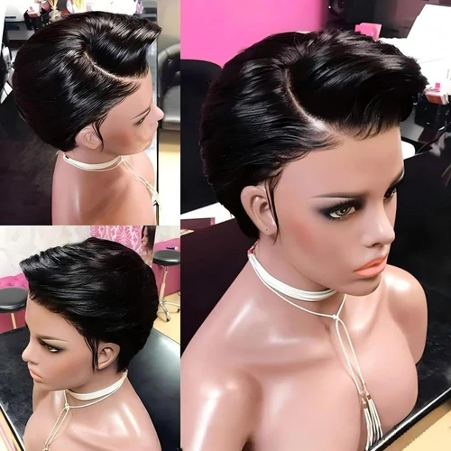 Imagen 2 del producto Pelucas de corte Pixie cabello humano 13x4 HD pelucas delanteras de encaje peluca Bob corto pelucas de cabello humano liso brasileño 200 de densidad negro para mujeres