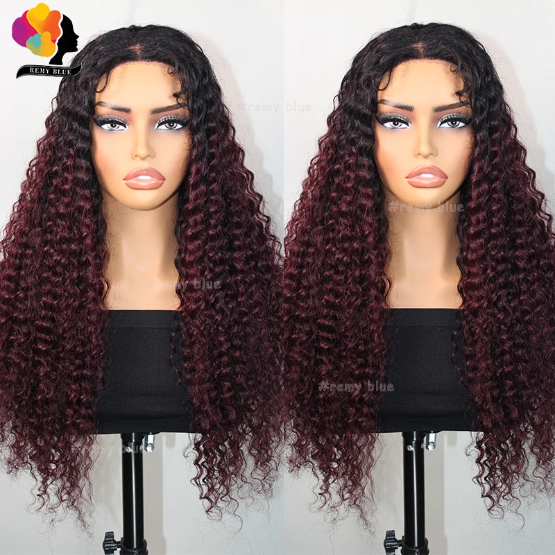 

4*4 Deep Wave Glueless Wig Human Hair Ombre Burgundy Colored Curly Lace Front Human Hair Wigs for Black Women Lace Closure Wig