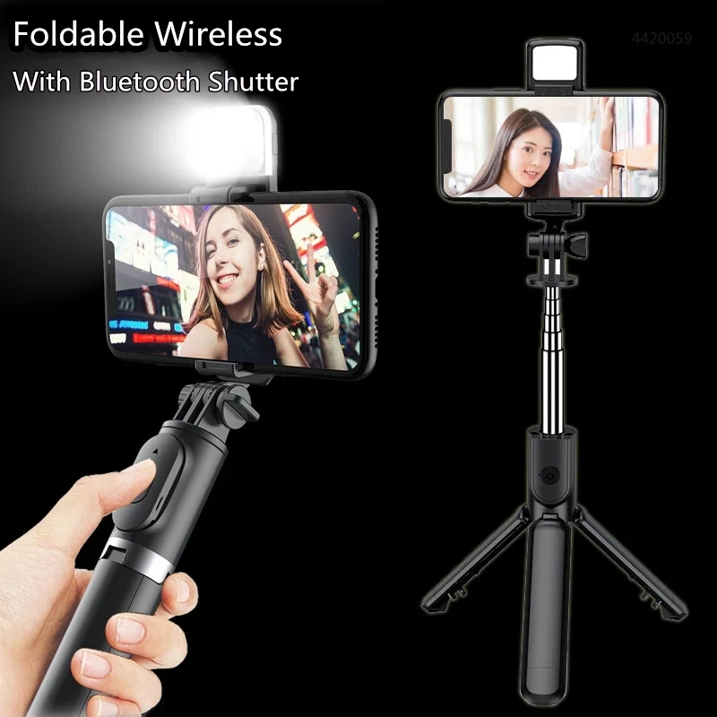 Roreta Opvouwbare Draadloze Bluetooth Selfie Stick Telefoonhouder Intrekbaar Multifunctioneel Statief Met Externe Sluitertijd Selfie Licht