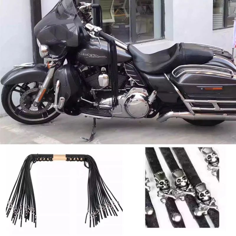 Motorcycle Skull Handle Tassels Hand Grips Cover Hand Grip Handlebar Grips 40cm Genuine Leather for Harley Touring Indian Chief