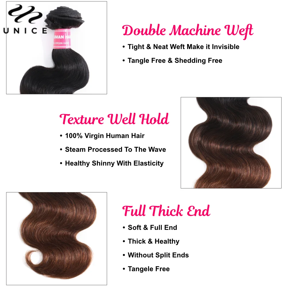 Mèches 3/4 naturelles Body Wave-UNice Hair, cheveux humains, racines foncées, brun ombré, richesse, tissage à coudre, 8 à 26 pouces, 100% pièces