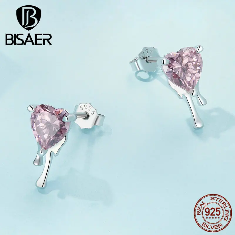 BISAER 925 Sterling Silver Pink Heart Jewelry Set Heart Zircon Irregular Drop Necklaces & Earrings For Luxury Party Fine Jewelry