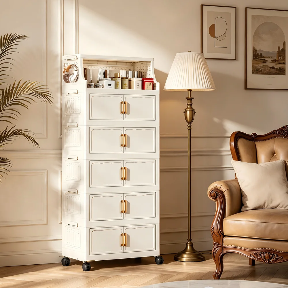 3/4/5/6-Tier 19.7in Cream White Foldable Storage Cabinet, No Assembly Collapsible Closet Organizer with Hole Board Top & Rolling Lockable Wheels, Thickened PP Storage Unit for Bedroom Kitchen Bathroom Study