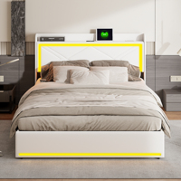 Anajqaqia 140x200cm Upholstered Double Bed, Hydraulic Bed with Storage Space, with LED Lighting and Storage Space, PU, White