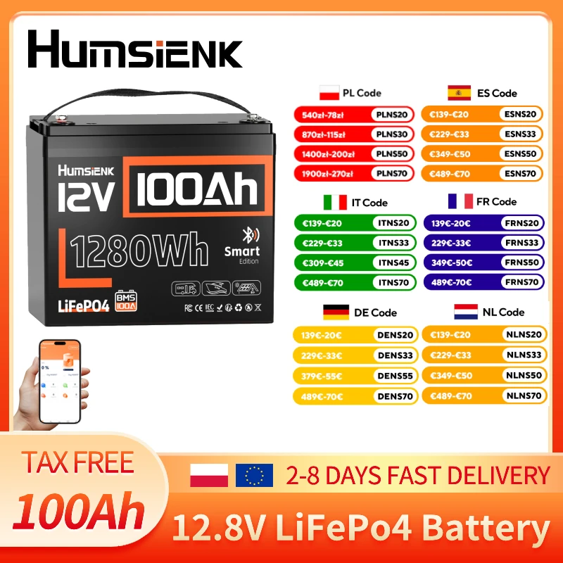 Humsienk Bluetooth 12V 100Ah LiFePO4 15000 Deep-Cycle-Batterie mit integriertem 100A BMS, hohe Leistung für Solaranwendungen, Wechselrichter, Wohnmobile, wasserdichte Golfwagenbatterie, Offroad- und
