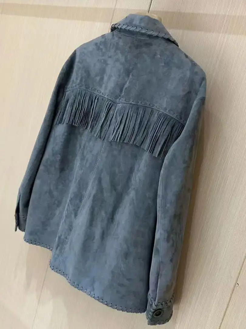 Giacca in pelle scamosciata con frange tinta unita da donna casual autunnale