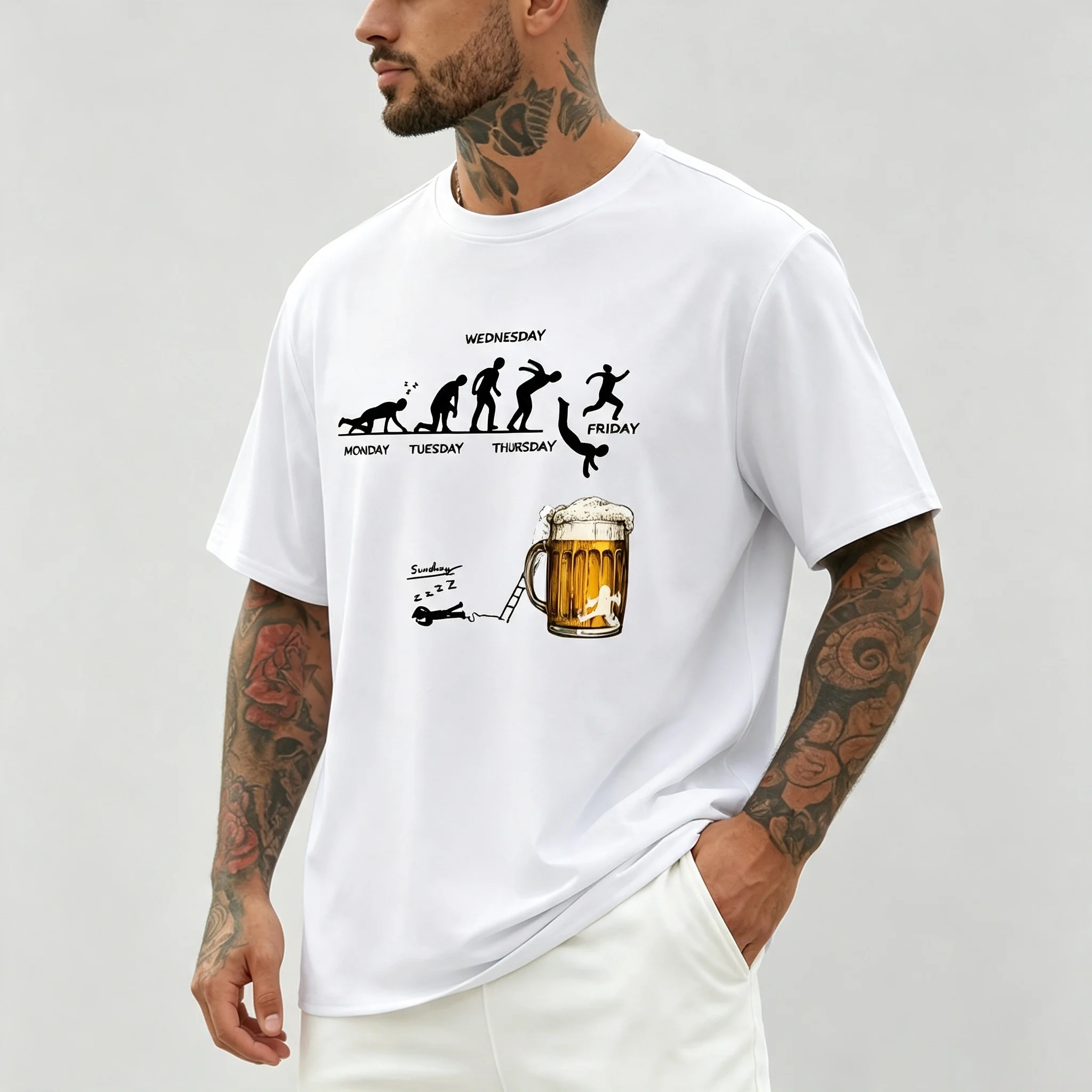 Funny Week Evolution Beer Graphic T Shirt Men Monday To Friday Humor Drinking Crew Neck Short Sleeve Casual Tee