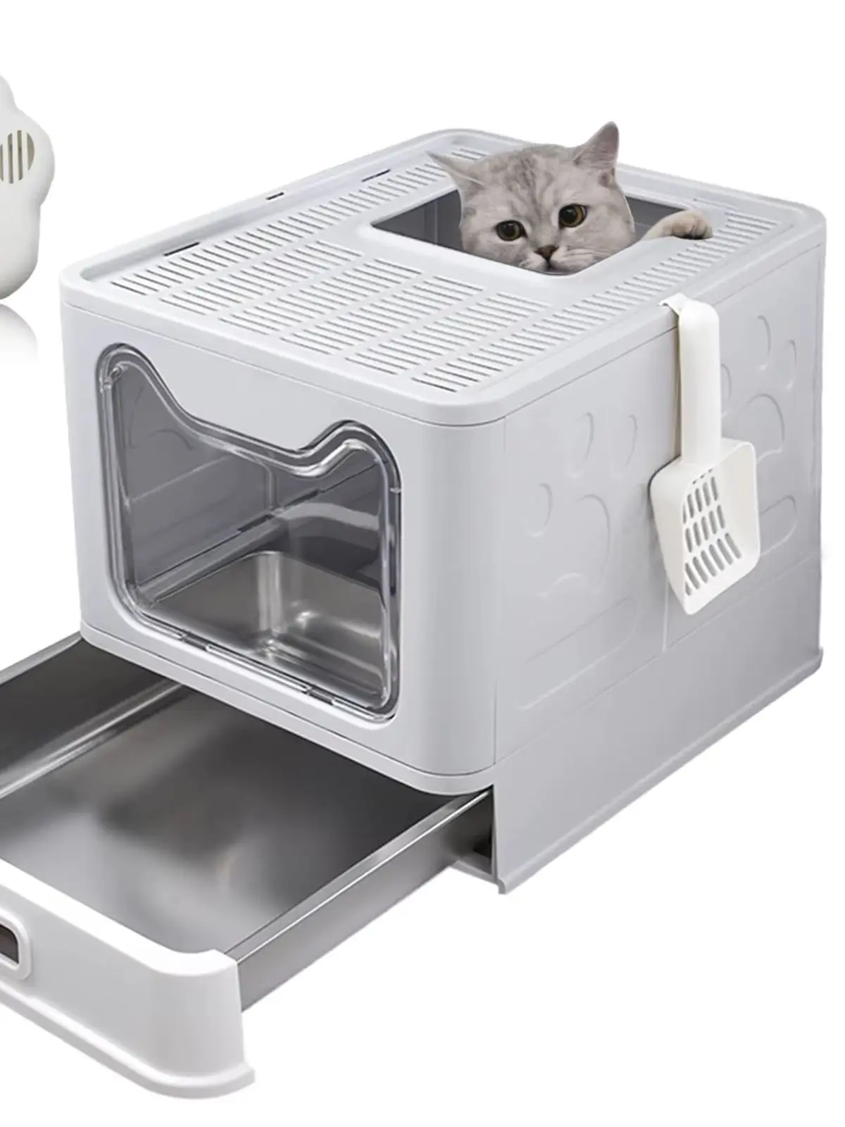 LEEJARD Katzenklo mit Deckel, ausziehbares Edelstahl Tablett und Katzenklo Schaufel, hop in Katzenklo XXL Katzentoilette geschlossen geräumig katzenklo groß.
