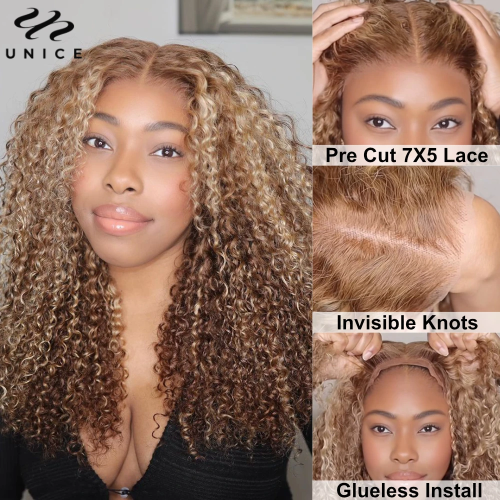 

UNice Honey Blonde Curly Wig Pre Cut Pre Bleached 7x5 Lace Closure Gluleless Wig Human Hair Ready To Wear Go Lace Front Wigs