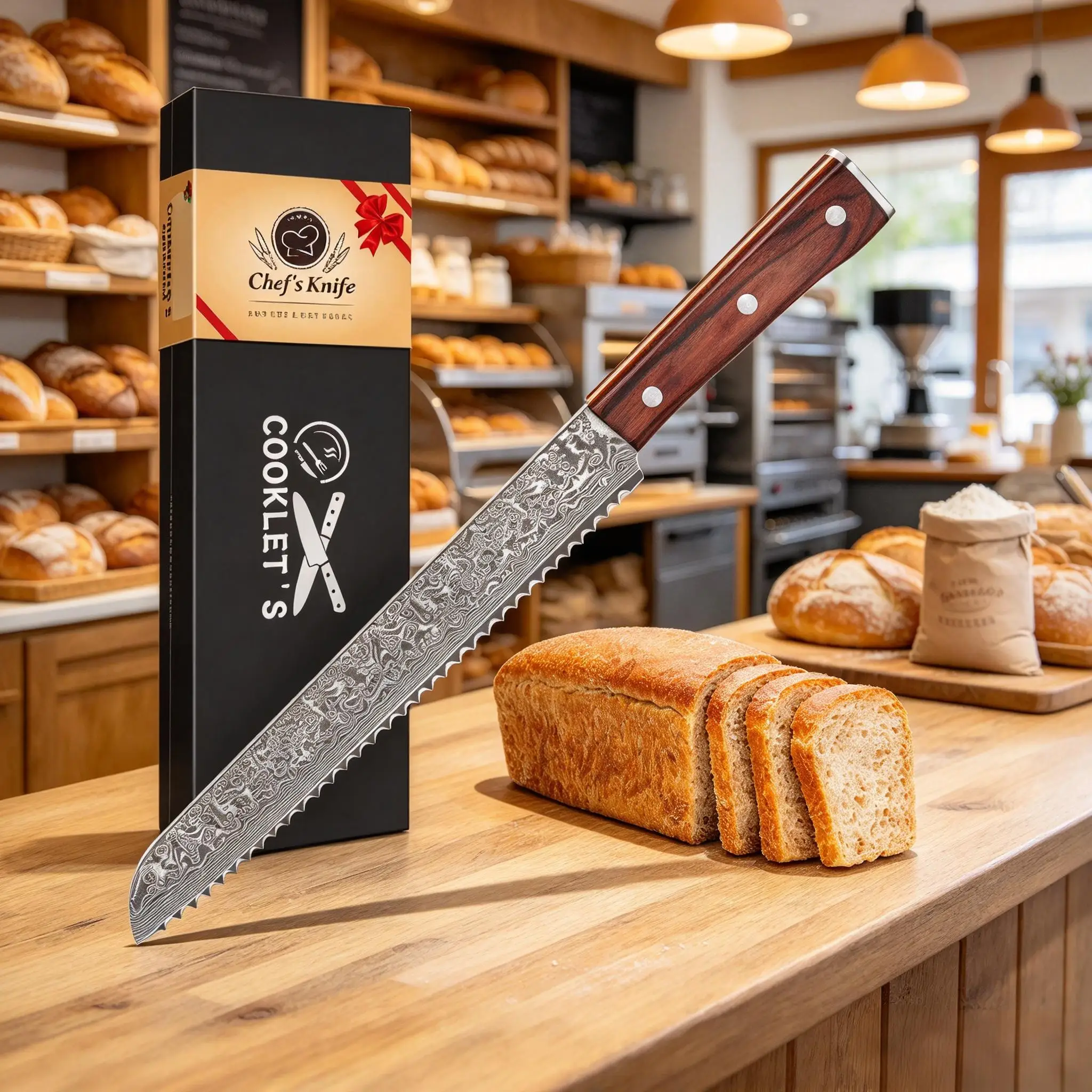 SAEIV Brotmesser aus Damaszenerstahl  - 67 Lagen Damaszenerstahl scharfe gezahnte Klinge  Griff aus Paka-Holz entspricht den EU-Standards, Geschenkverpackung geeignet für Brot  Wraps und Kuchen Profiqualität ein