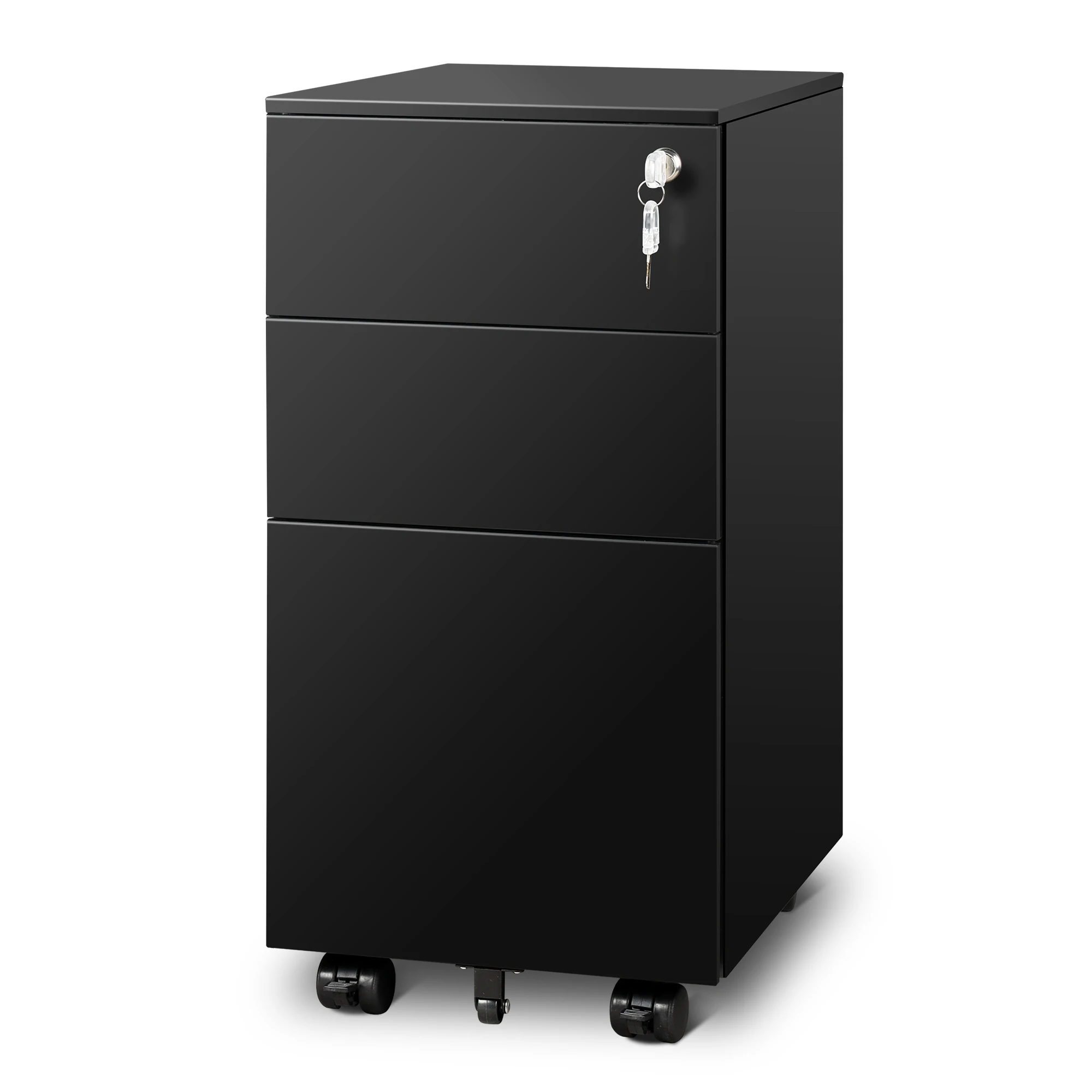3 Drawer File Cabinet with Lock, Fully Assembled Except Casters Under Desk Metal Filing Cabinet with Wheels for Home Office Fit Legal/Letter/A4 File, Black