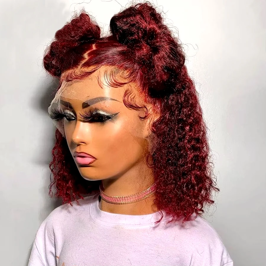 99J Burgundy 13x4 Lace Front Wigs Human Hair Short Bob Wig Curly Deep Wave Transparent Lace Frontal Wig 250 Density Pre plucked