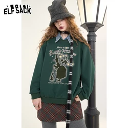 ELFSACK 2024 Winter New Arrivals Original printed fake two-piece sweatshirt for women, retro college style fleece top