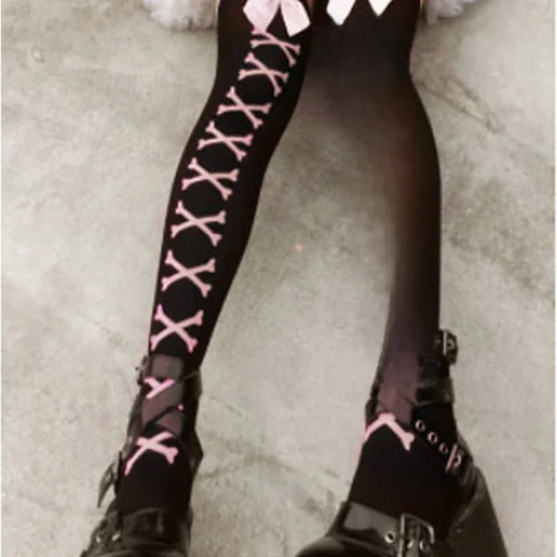 Chaussettes avec nœud en os pour filles, Streetwear, noir, doux, mignon, rose, Y2K, Harajuku, Lolita, bas en résille, cuisses hautes, nouvelle collection