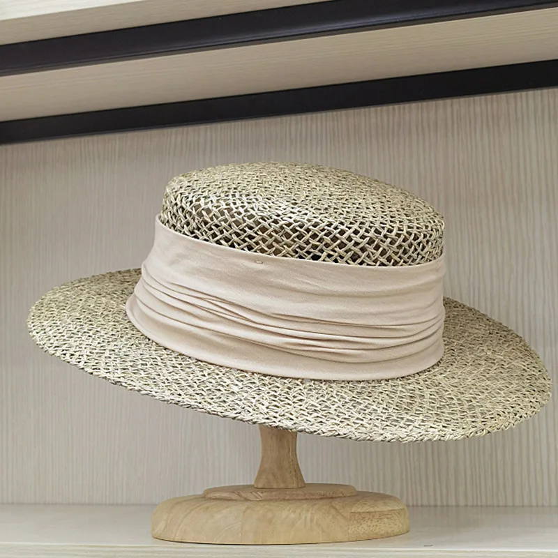 Women's Summer Straw Hat Flat Top Sea Grass Ribbon Band Boater Hat Lightweight Wide Brim Panama Straw Sun Hat