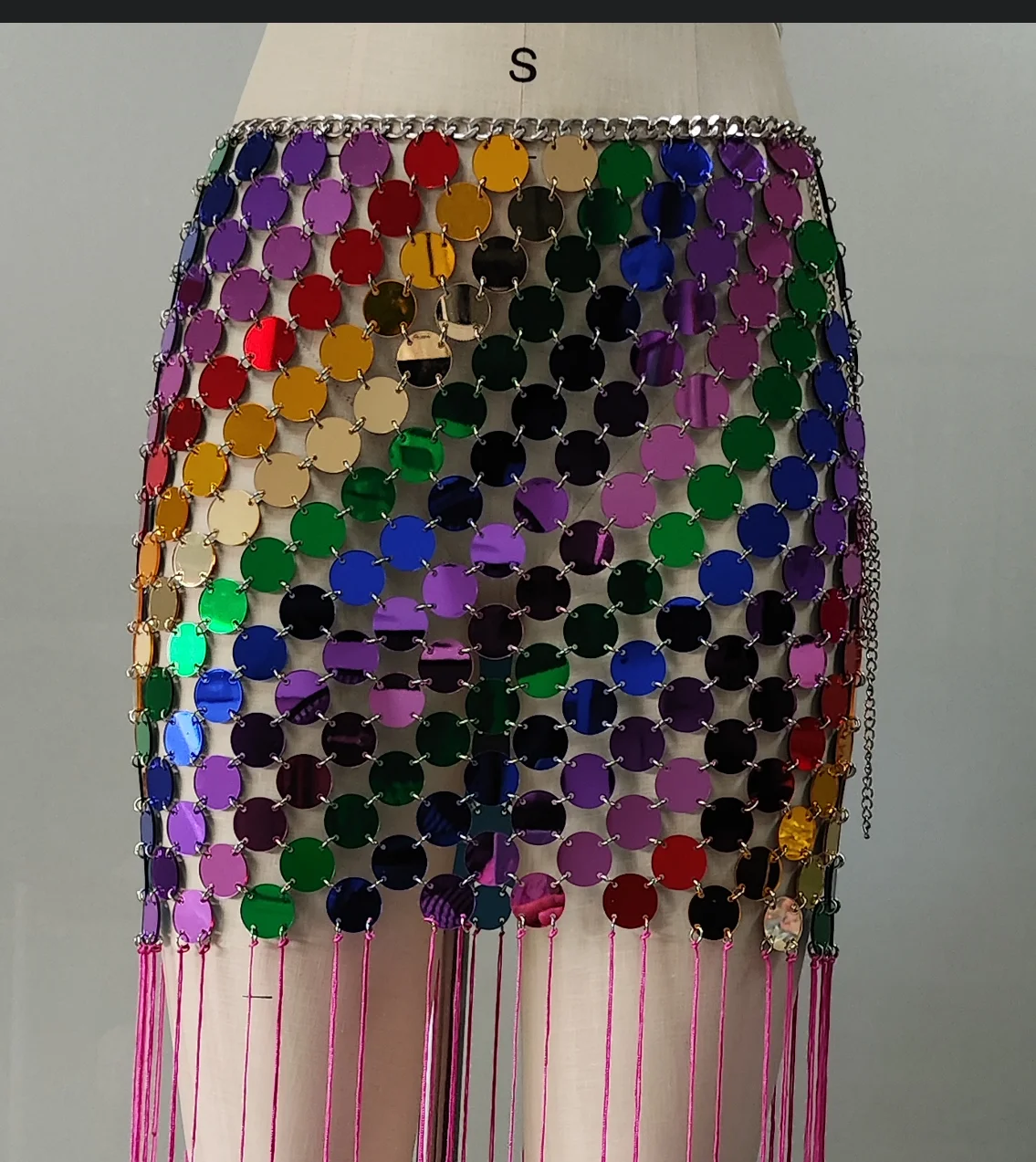 SJ Fashion Women Shiny Metallic Acrylic Sequined Multi Color Chainmail Glitter Fringe Sexy Skirt