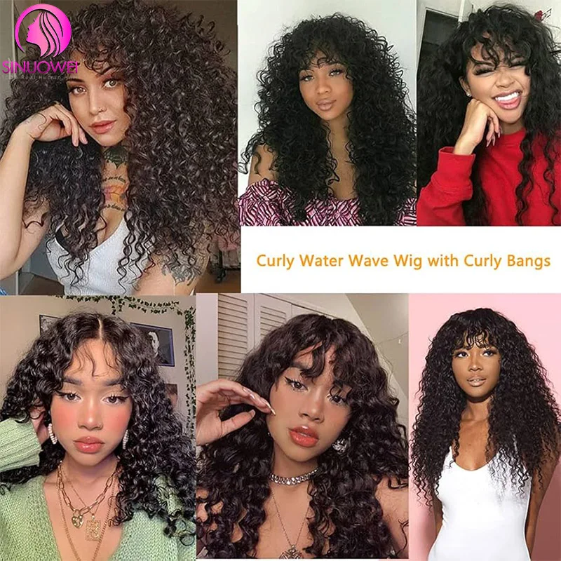 Water Wave Human Hair Wig With Bangs Full Machine Made Wet and Wavy Glueless Deep Wave Wig None Lace Brazilian Water Wave Wigs