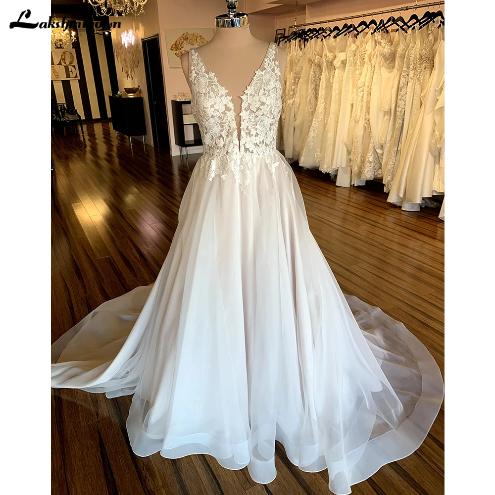 Civil Bohemian Simple A Line Wedding Dresses 2023 V Neck Sleeveless Lace Applique Sweep Train For Women Weeding Gowns Custom