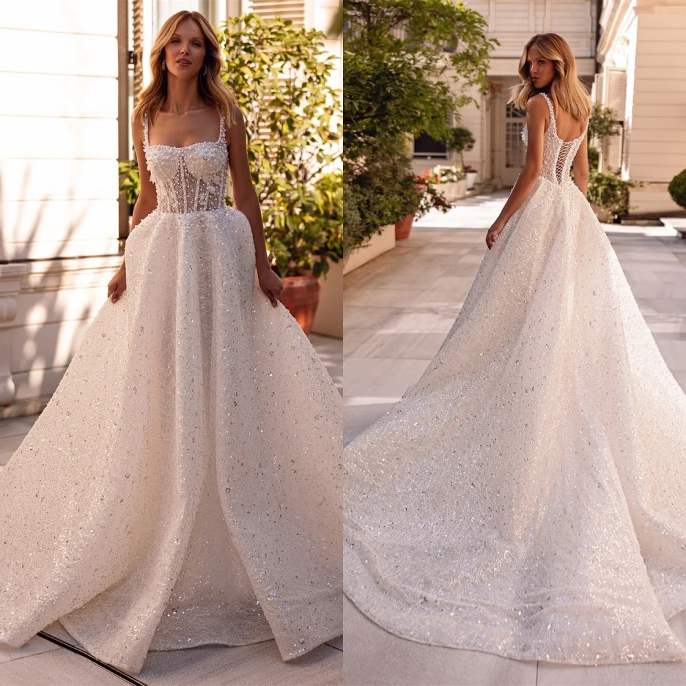 Vestido de novia de Organza blanco personalizado de alta calidad, exquisito vestido de novia sin tirantes con lentejuelas, manga casquillo, sin mangas y espalda descubierta