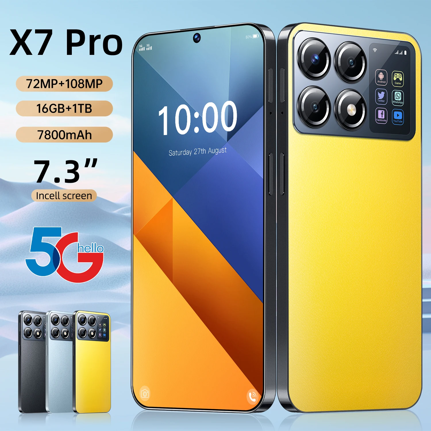 2025 Hot Global Version Mobile Phones X7 Pro Smartphone Android 7.3 inch Snapdragon 8 gen3 5G Cellphones 22G+2T 7800mAh Battery