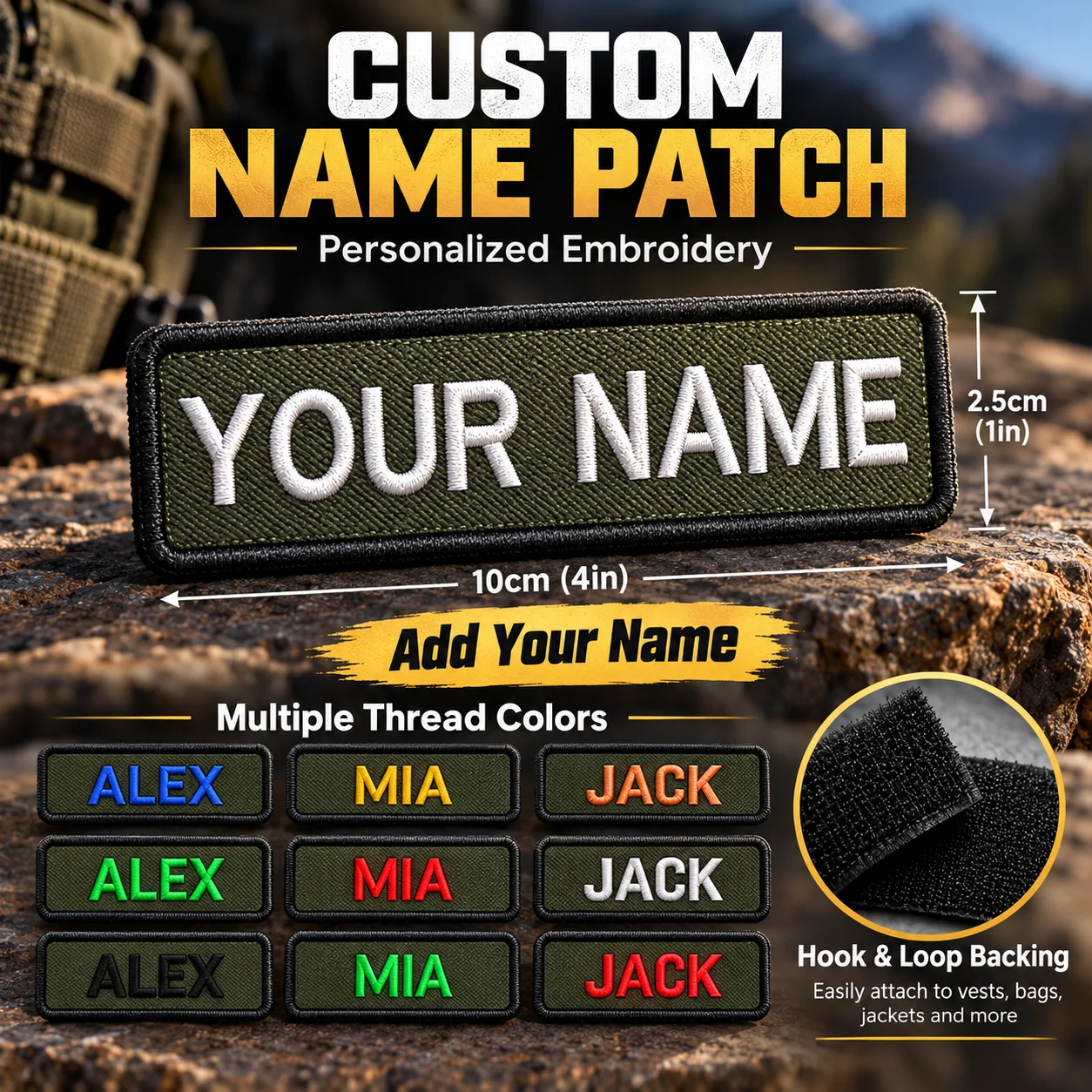Army Green Background Embroidery Custom Name Text Patch Stripes Badge Hook Loop Patches For Clothes