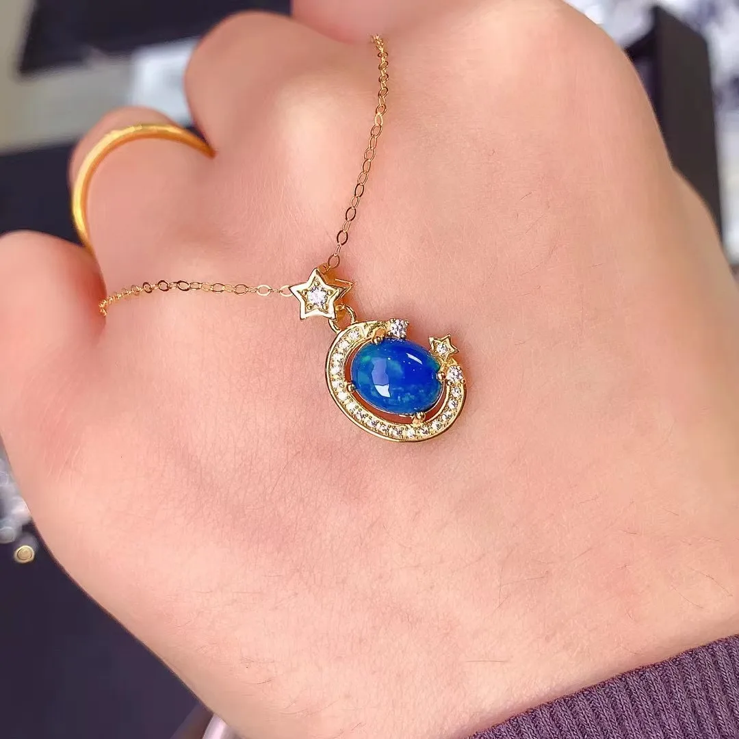 

KJJEAXCMY 925 Sterling Silver Natural Blue Opal Gemstone Women's Luxury Necklace+Pendant Girl's Party Birthday Christmas Gift