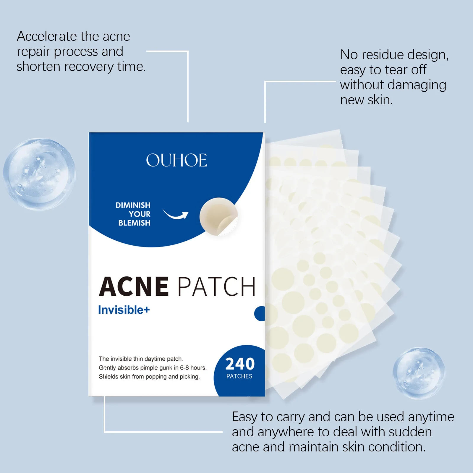 Ouhoe 240pcs Onzichtbare Acne Patches Gezicht Spot Litteken Zorg Puistje Remover Waterdichte Acne Healing Concealer Die Gezicht Stickers