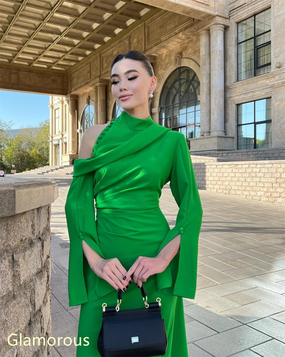 Customized  Simple Green Jersey Evening Dress Exquisite High Collar Long Sleeves Homecoming Dresses Luxury Vestido De F image 3