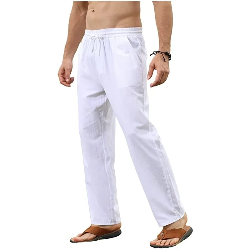 Pantalon en coton et lin pour hommes, ample, décontracté, respirant, couleur unie, cordon de serrage, survêtement, Yoga, Baggy