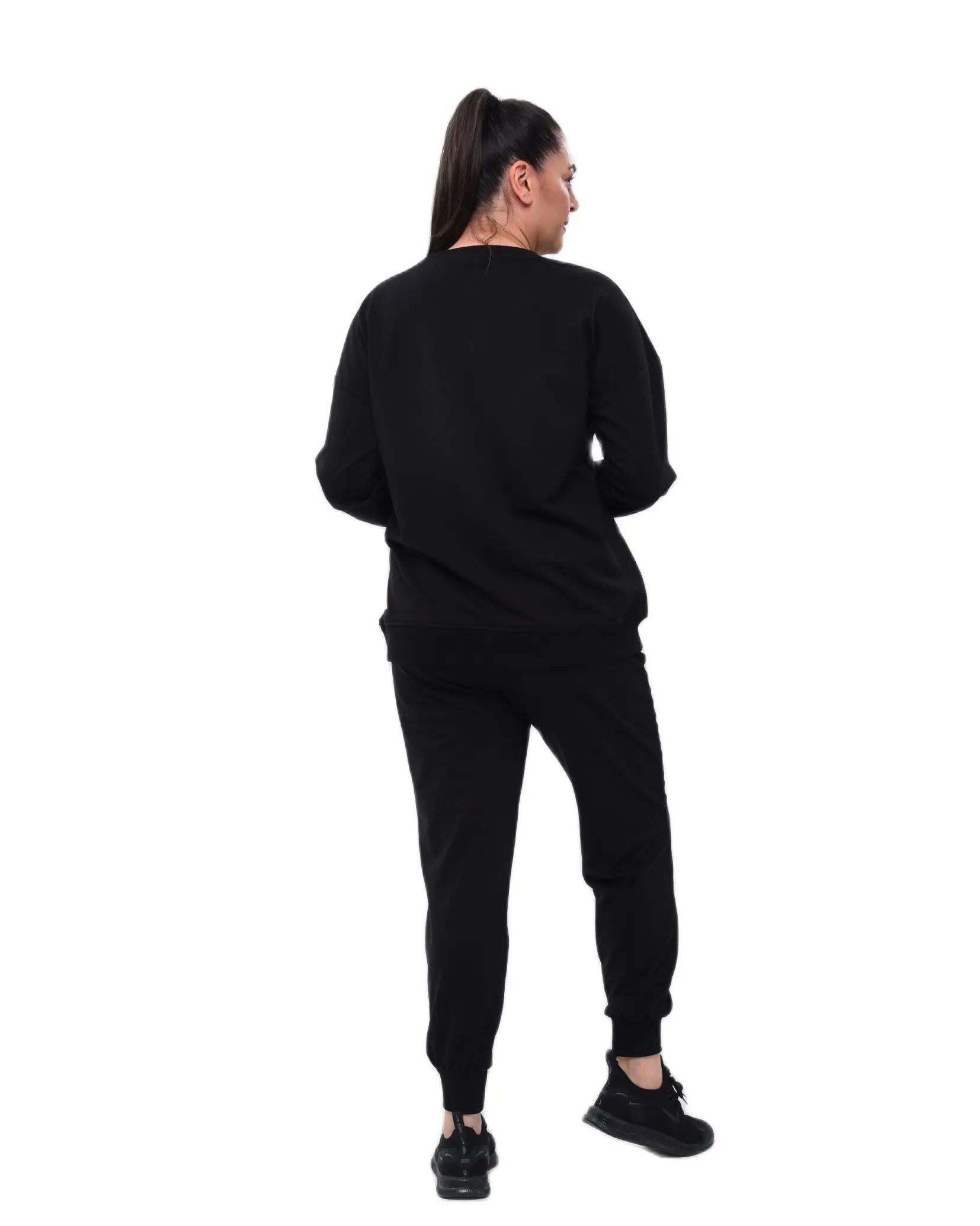 Women’s Plus Size Black Sweatsuit Set 2 Piece Butterfly Embroidery And Stone Letter Detail Tracksuit, Designed and Made in Turke