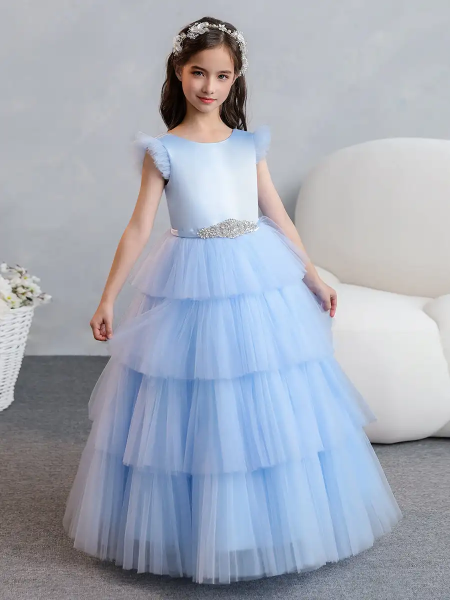 

Girl's Tiered Tulle Puffy Lace Dress With Beading Sleeveless A line Ruffle For Wedding and Birthday Party Dresses