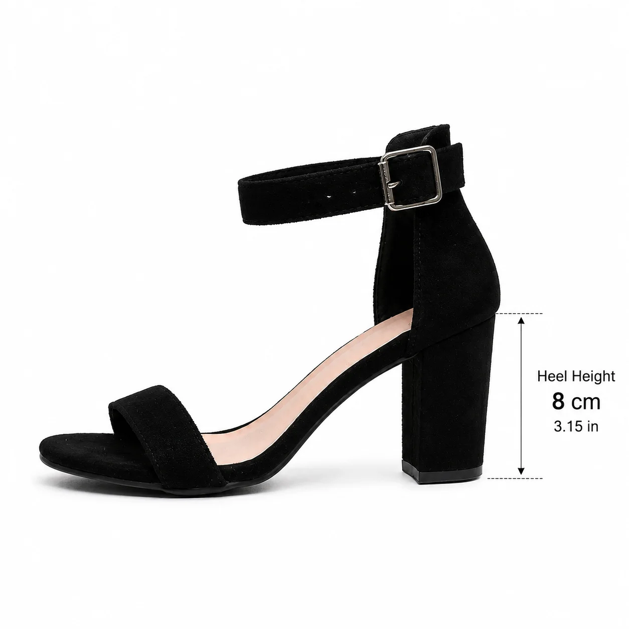 Women's Black Faux Suede Sandals 8cm Block Heel Open Toe Ankle Strap Dress Shoes for Office Party Wedding view 6