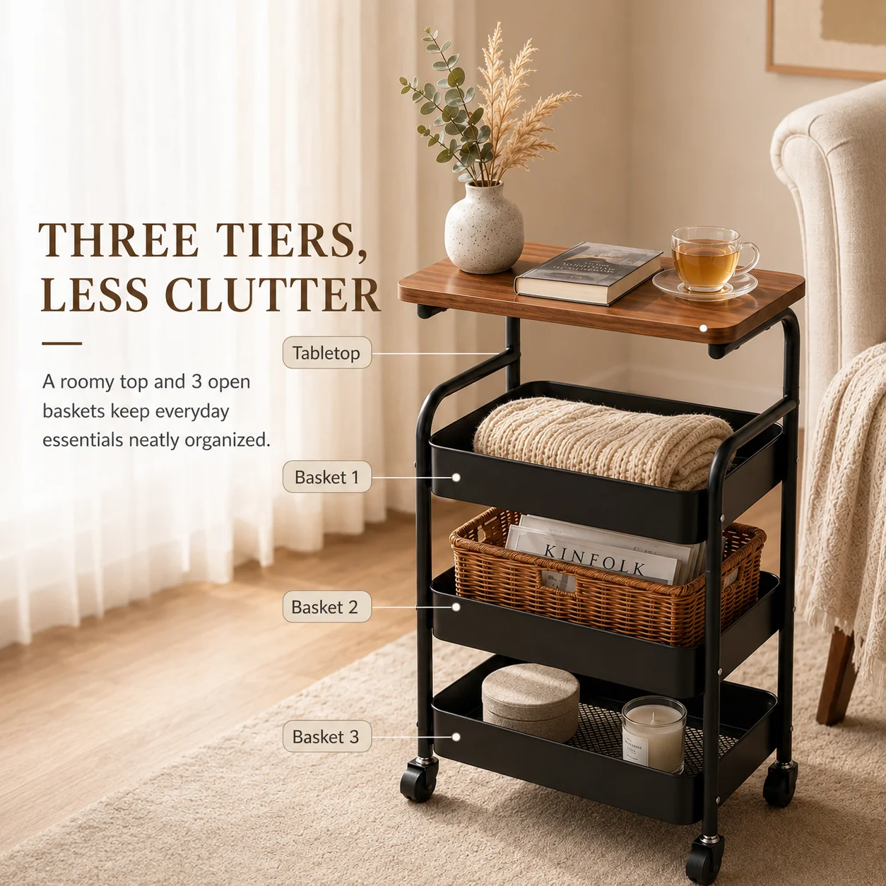 Multi-functional storage side table for the living room sofa, 2-tier/3-tier rolling multi-purpose storage cart with wooden top and lockable 360° swivel wheels, black metal wire baskets, movable wheele image 3