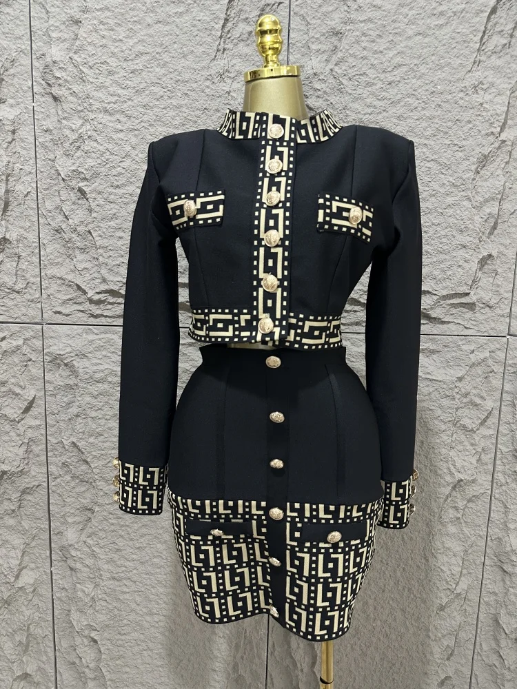 

High quality women's new black fashionable long sleeved button jacquard top+high waist hip bag skirt two-piece bandage set