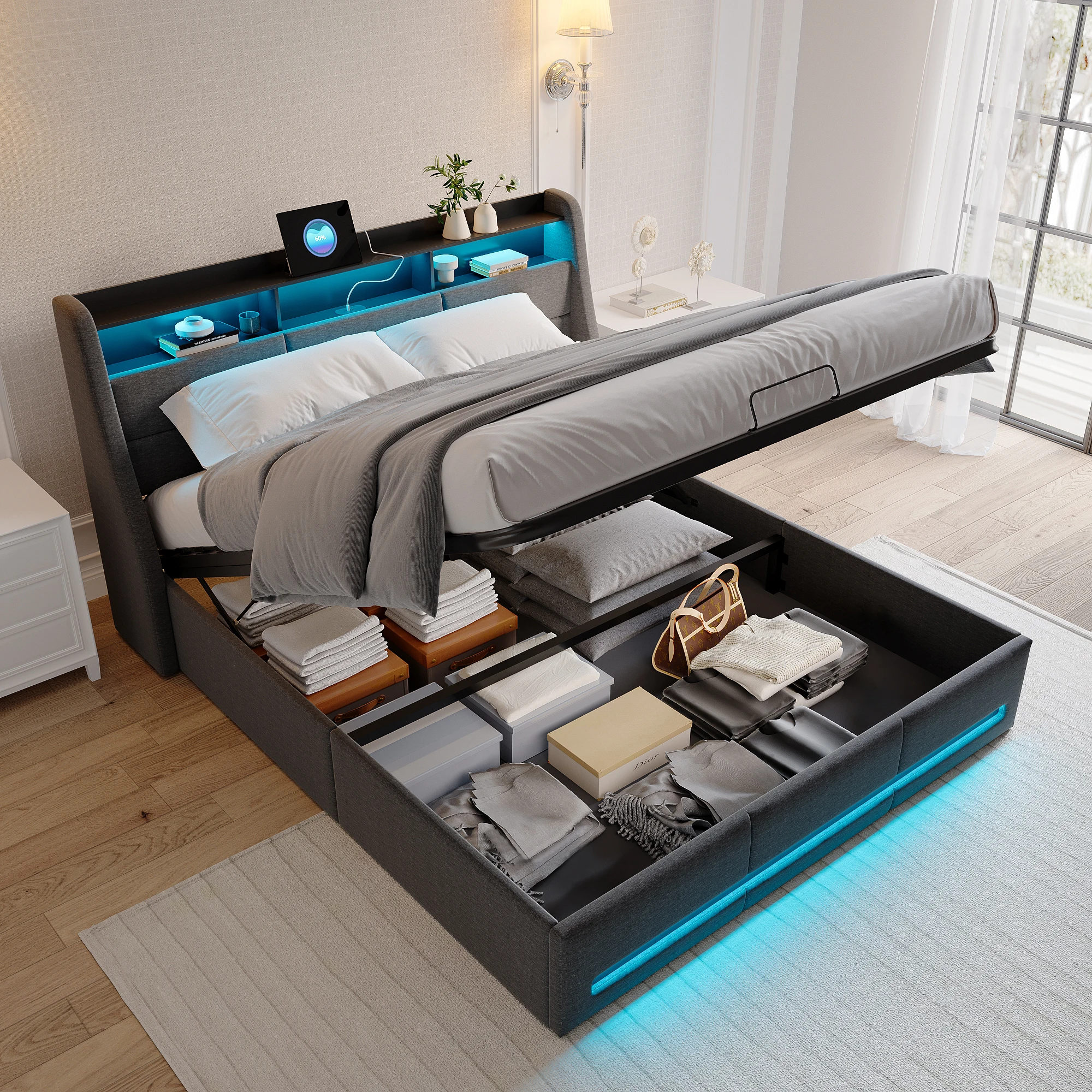 140x190 cm Cadre de lit Double Rembourré, Éclairage LED, Station de Charge, Lit Coffre à Levage Hydraulique, Sans Matelas, Gris