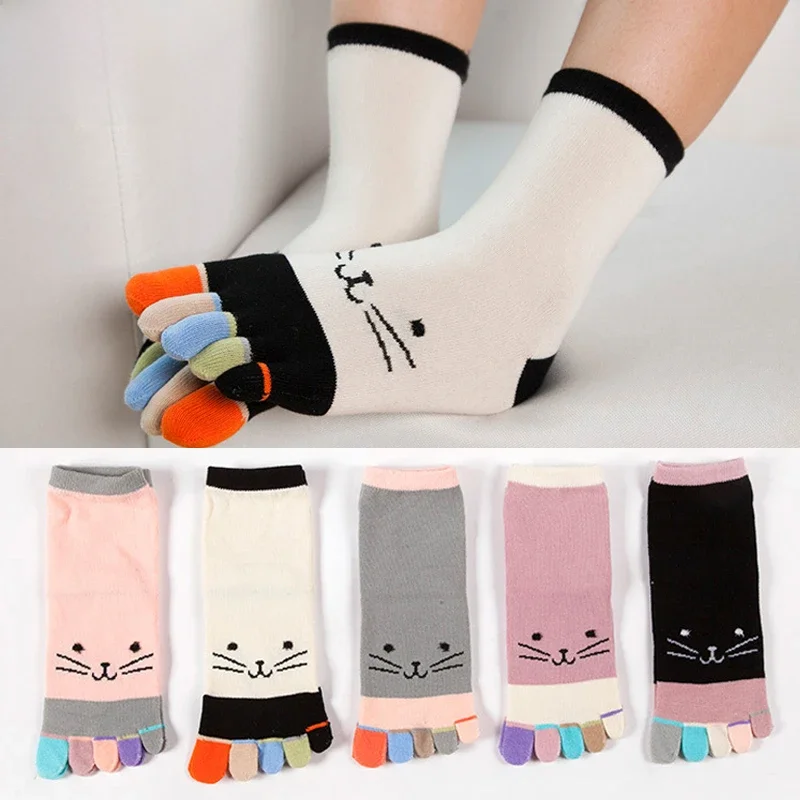 1 Paire de Chaussettes Courtes à Cinq Doigts en Pur Coton pour Femme et Fille, Motif Chat Coloré, Respirantes, Style Harajuku Décontracté pour Jeunes, Vente Chaude